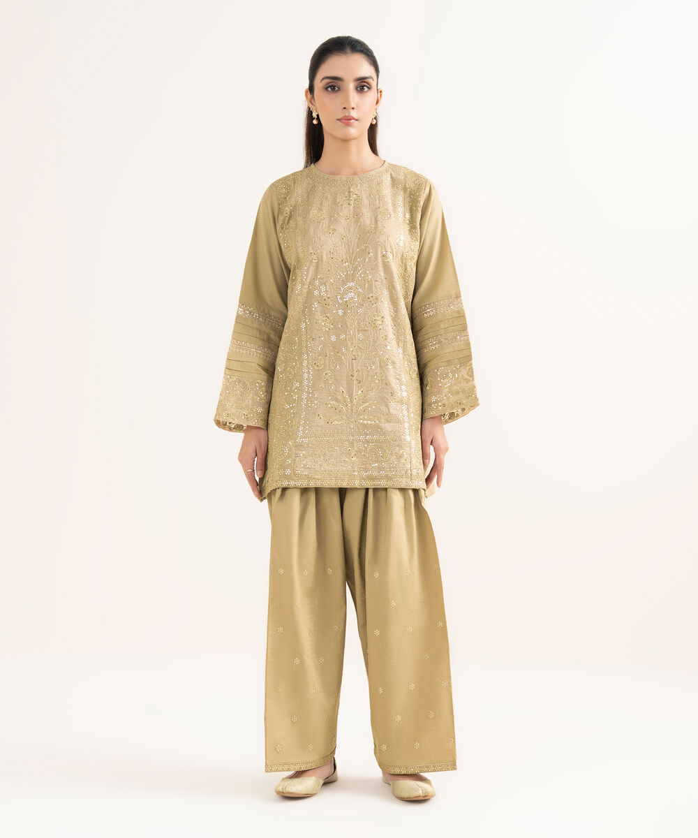 Women's RTW Dobby Embroidered Beige Straight Shirt