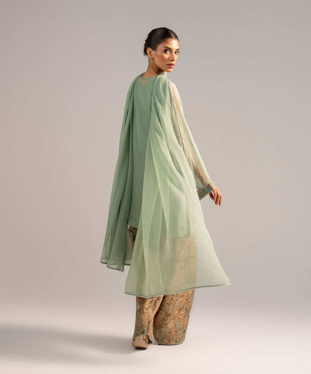 Women's RTW Chiffon Embroidered Green 3 Piece Suit