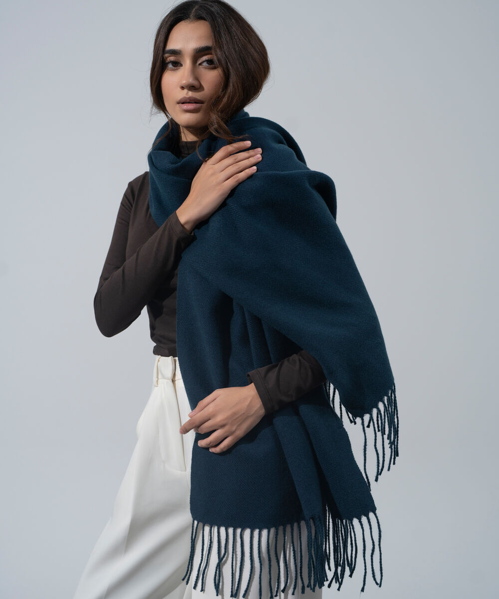 Women's Western Wear Teal Polyester Solid Woolen Scarf