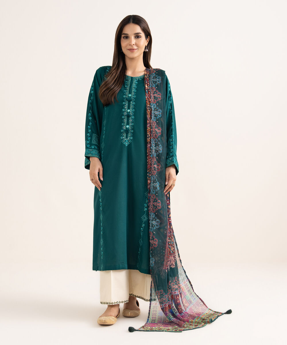 Women's RTW Textured Cotton Green Embroidered A-Line Shirt
