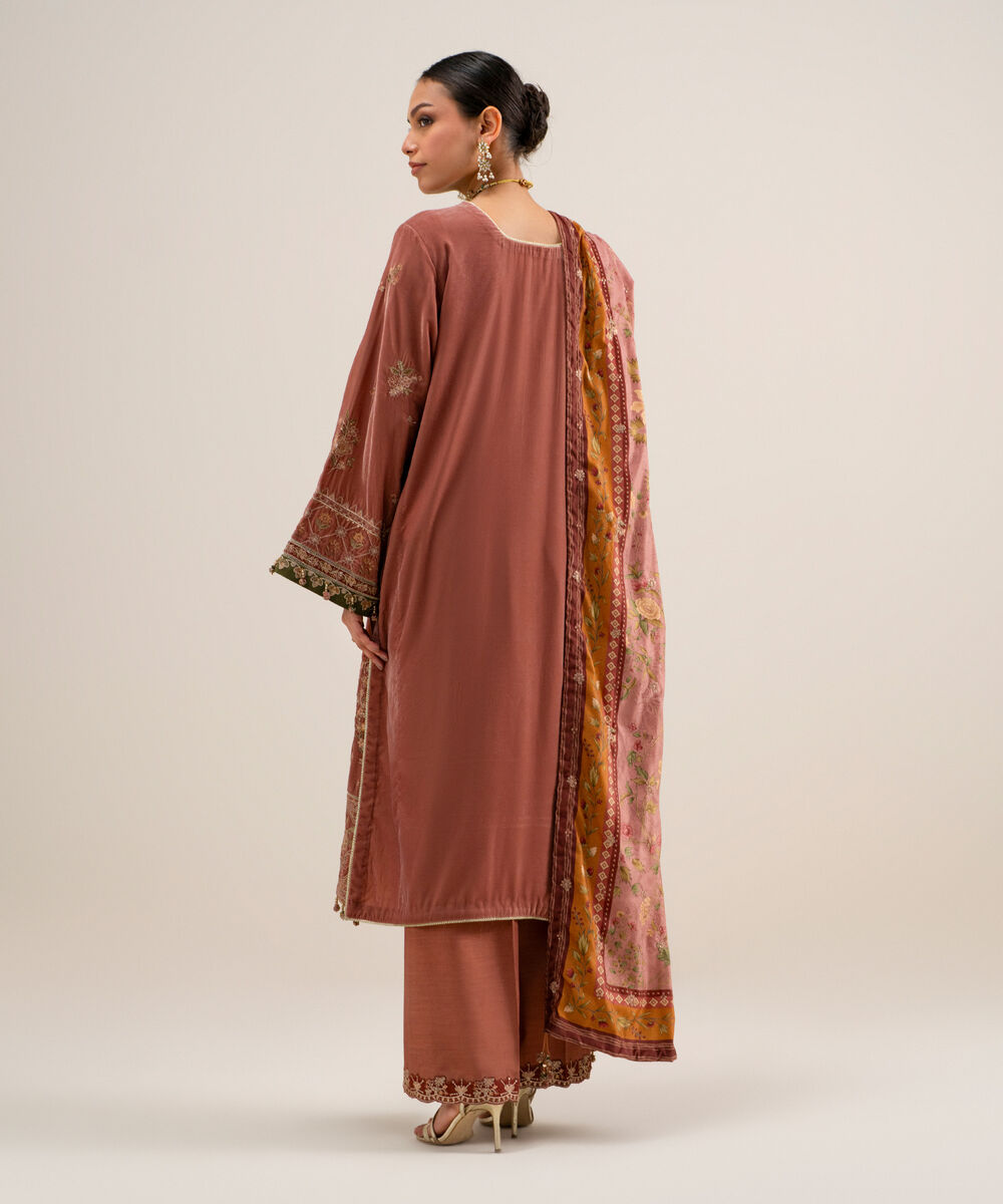 Women's Unstitched Embroidered Velvet Peach 3 Piece Suit