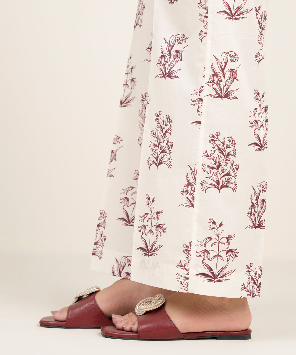 Women's RTW Cambric Printed Off White Straight Pants