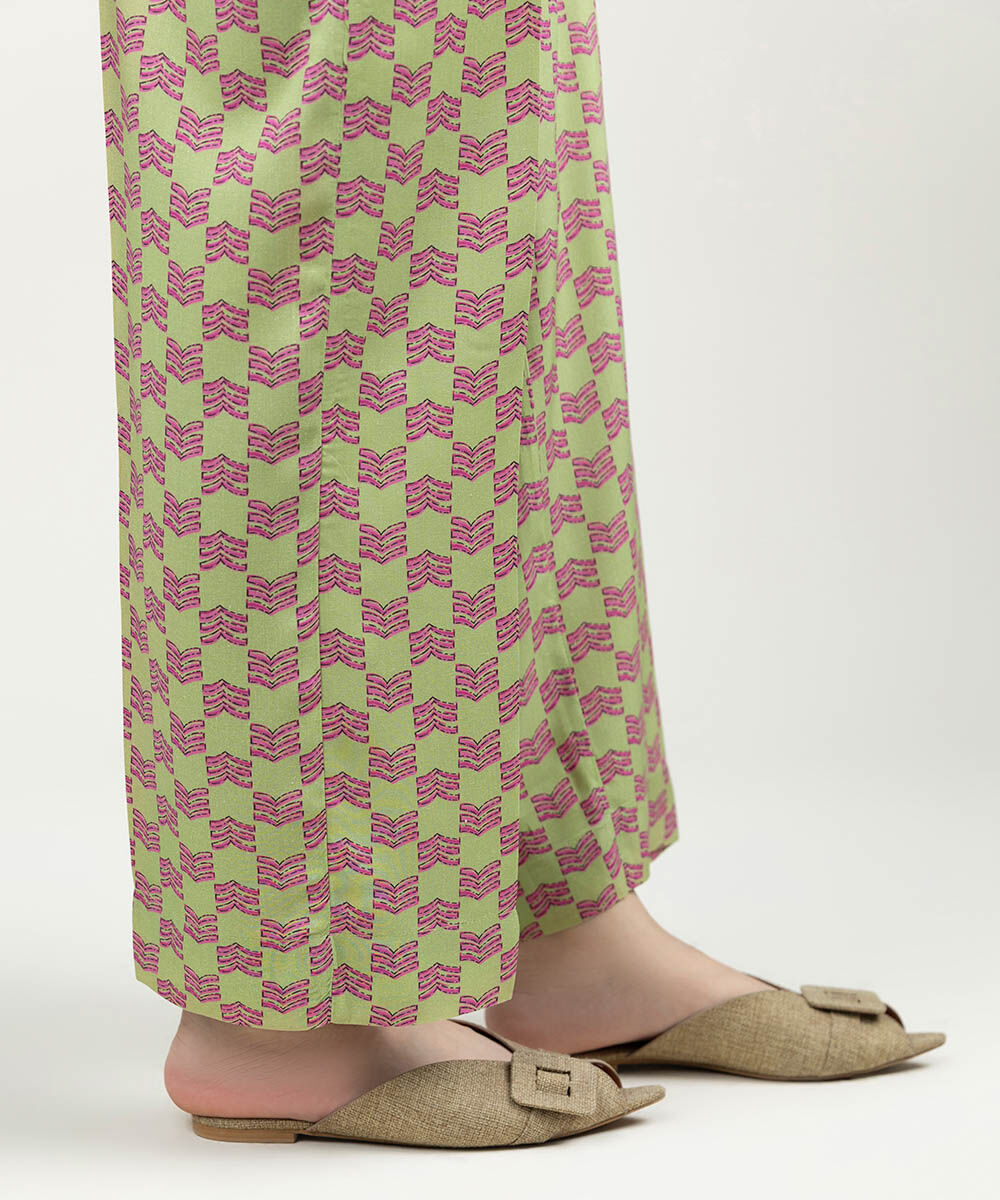 Women's Pret Linen Printed Sage Green Straight Pants