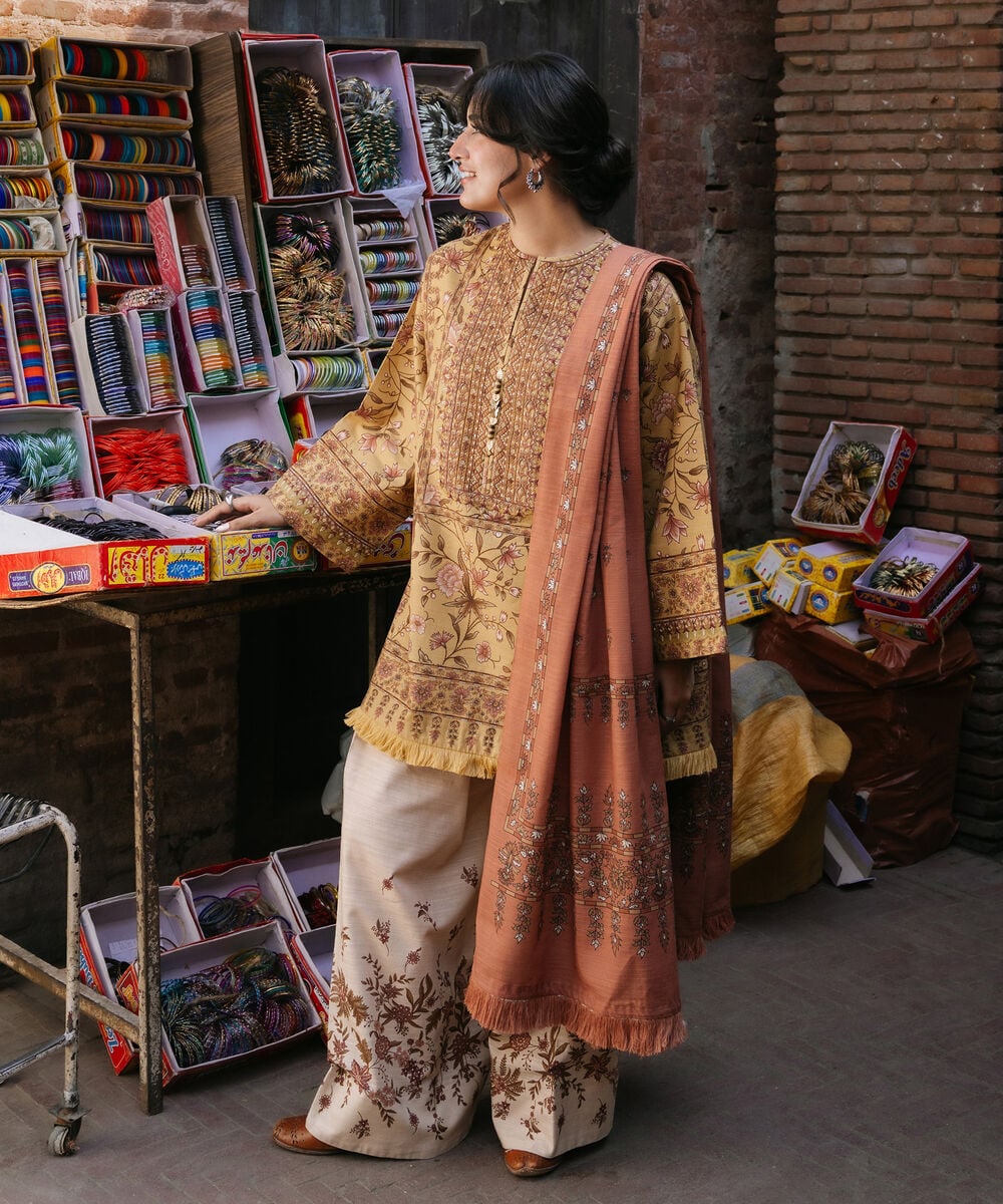 Women's Unstitched Premium Khaddar Printed Yellow 3 Piece Suit