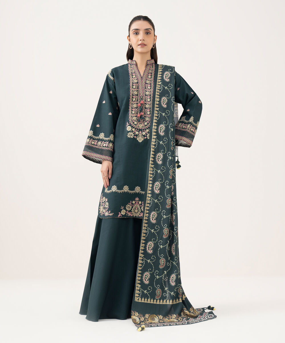 Women's Unstitched Textured Cotton Embroidered Green 3 Piece Suit
