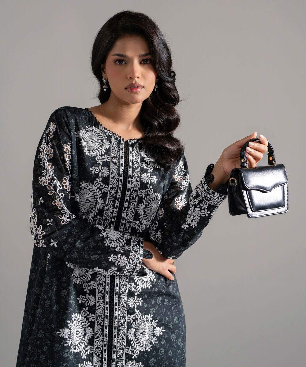 Women's RTW Lawn Embroidered Black 2 Piece Suit