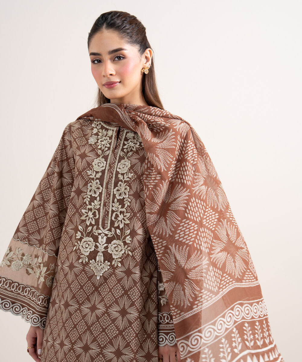 Women's Unstitched Lawn Embroidered Brown 3 Piece Suit