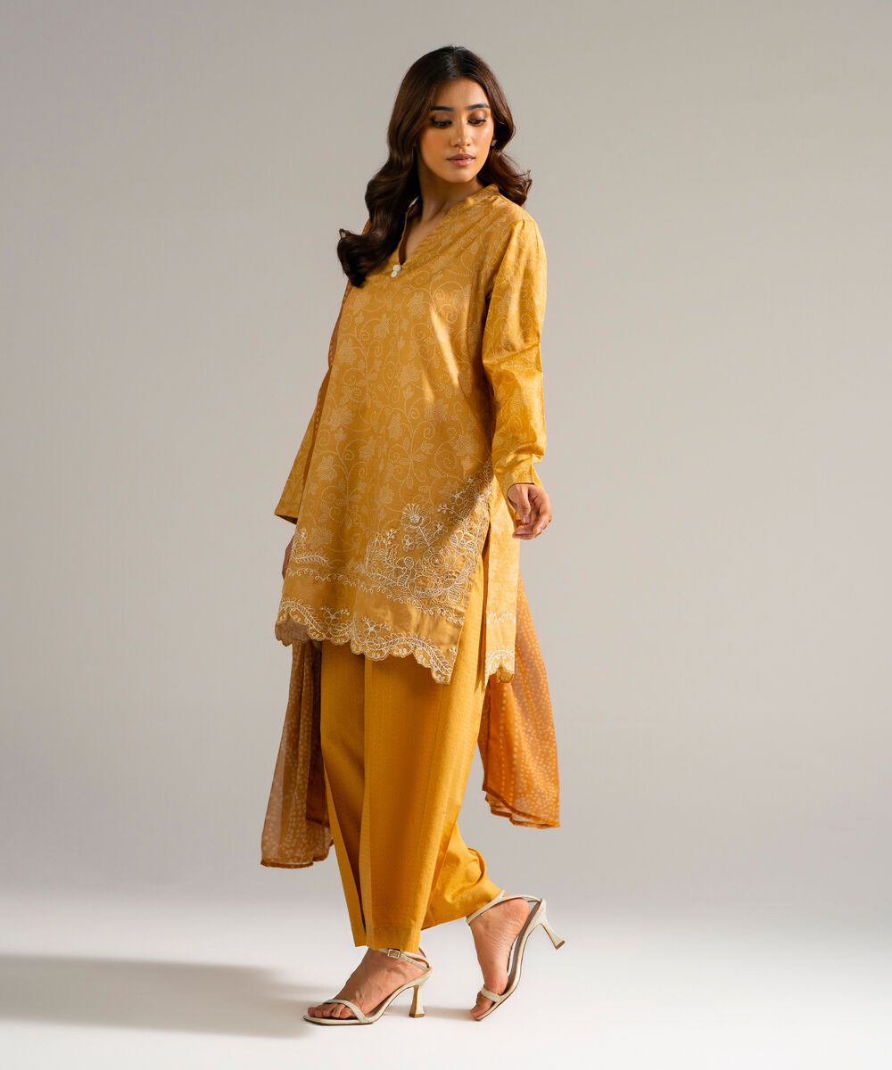 Women's RTW Self Jacquard Embroidered Yellow 3 Piece Suit