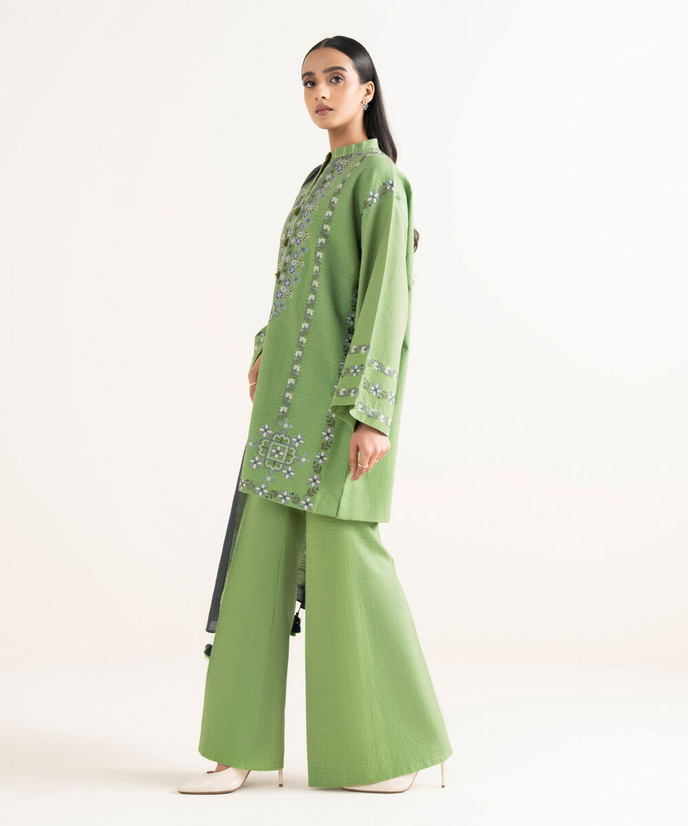 Women's Unstitched Dobby Embroidered Green  3 Piece Suit