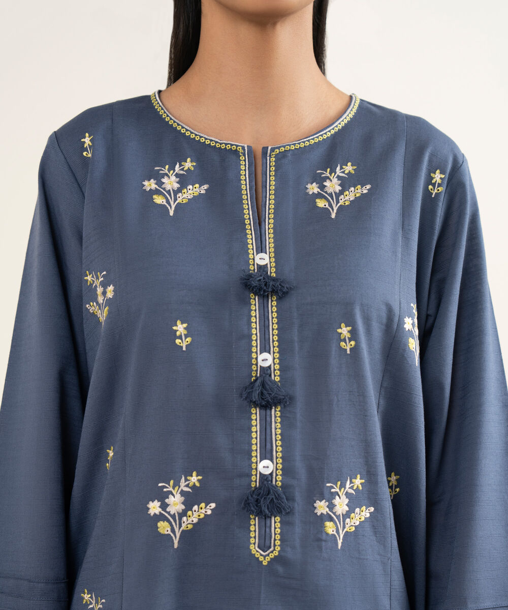 Women's RTW Cotton Embroidered Blue A-Line Shirt
