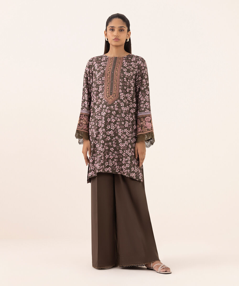 Women's RTW Arabic Lawn Brown Embroidered A-Line Shirt
