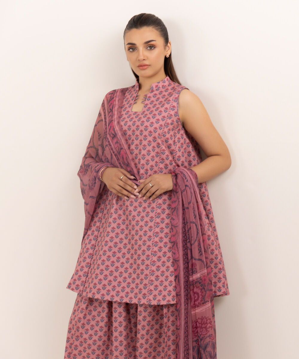 Women's Unstitched Cotton Printed Pink Three Piece Suit