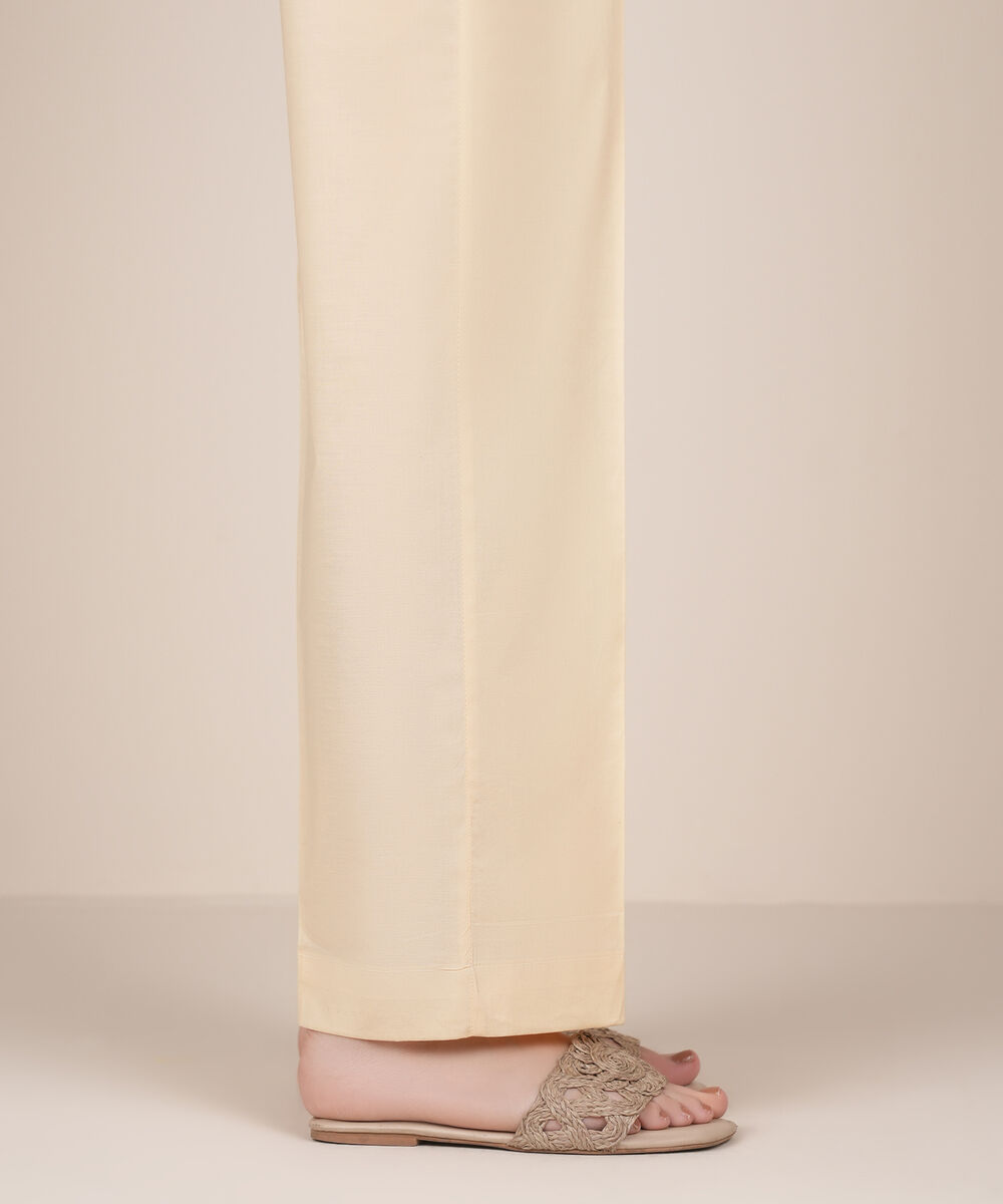 Women's RTW Lycra Off White Solid Straight Pants