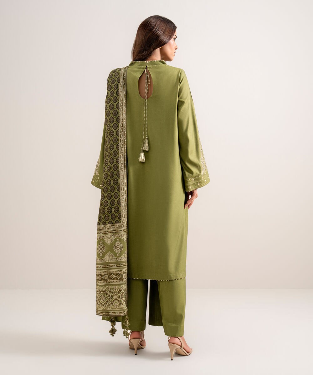 Women's Unstitched Embroidered Linen Green 3 Piece Suit