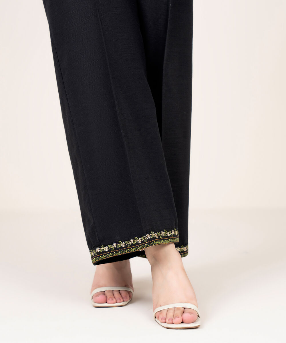 Women's RTW Khaddar Embroidered Black Flared Pants
