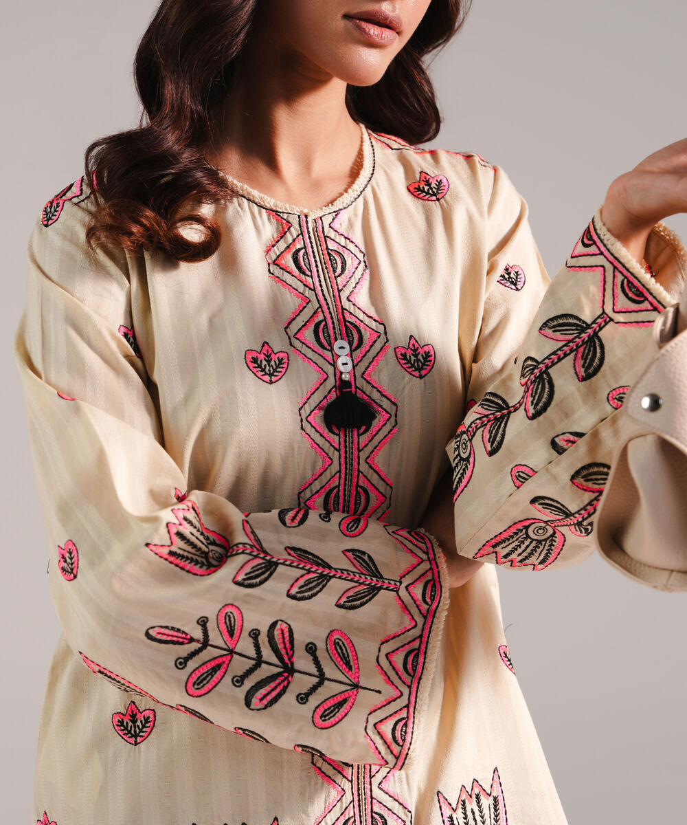 Women's RTW Dobby Embroidered Beige 2 Piece Suit