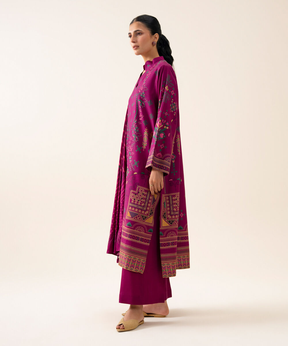 Women's Unstitched Viscose Linen Printed Magenta 3 Piece Suit