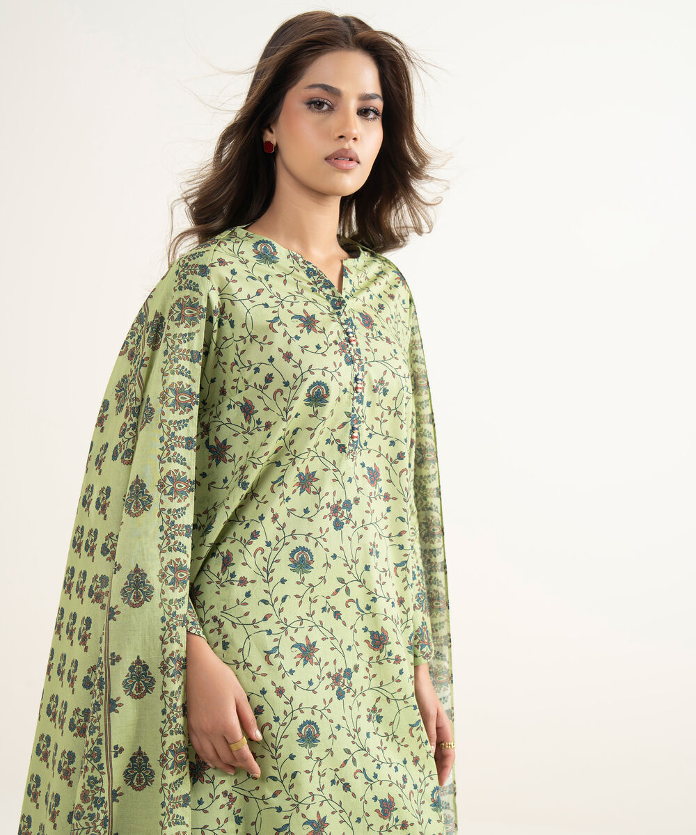 Women's Unstitched Lawn Printed Green 3 Piece Suit