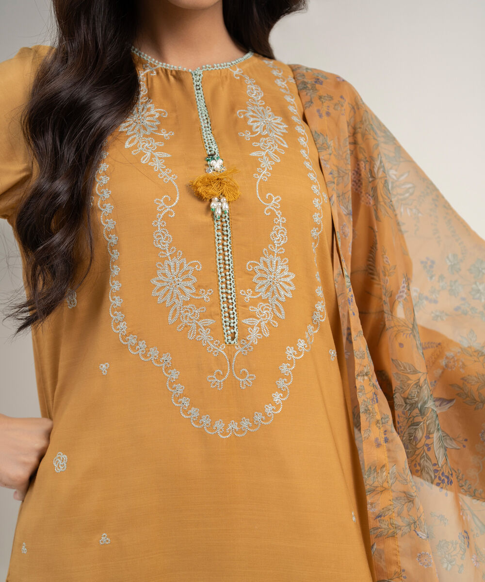 Women's RTW Viscose Raw Silk Embroidered Mustard Brown 3 Piece Suit