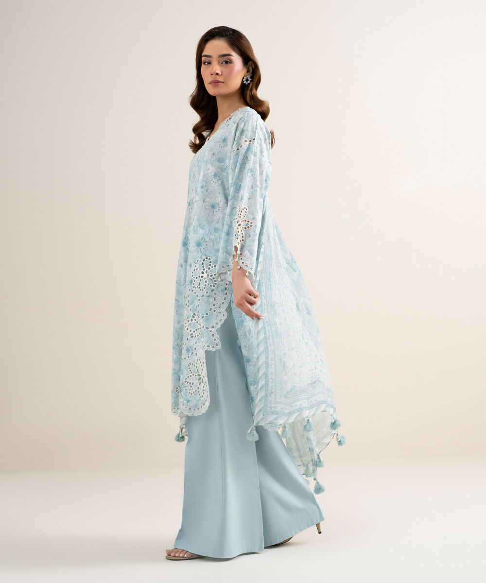 Women's Unstitched Lawn Embroidered Blue 3 Piece Suit