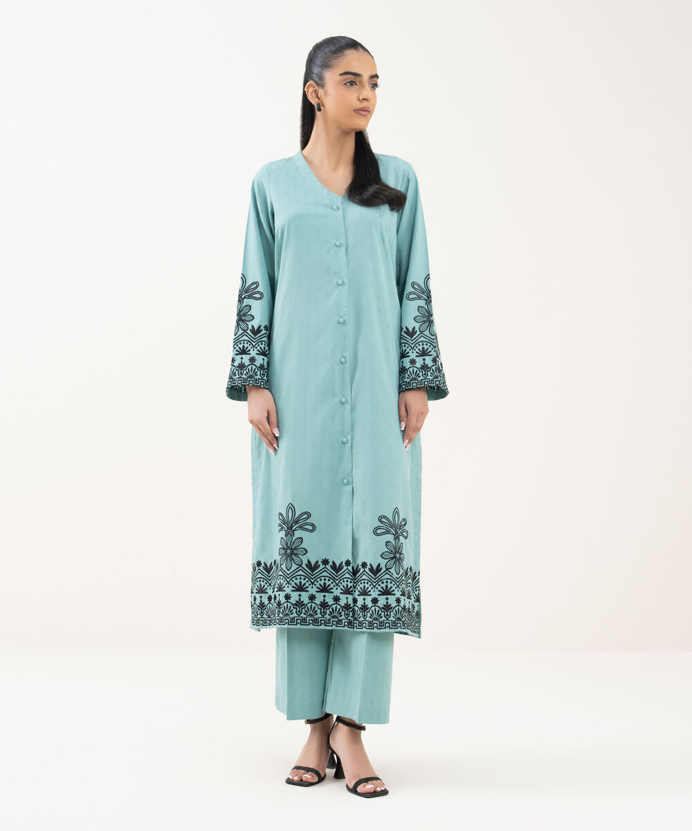 Women's RTW Cotton Jacquard Embroidered Blue A-Line Shirt