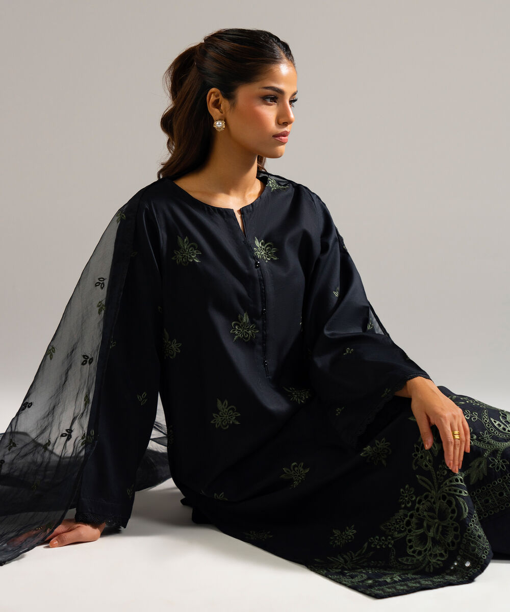 Women's RTW Cotton Satin Embroidered Black 3 Piece Suit