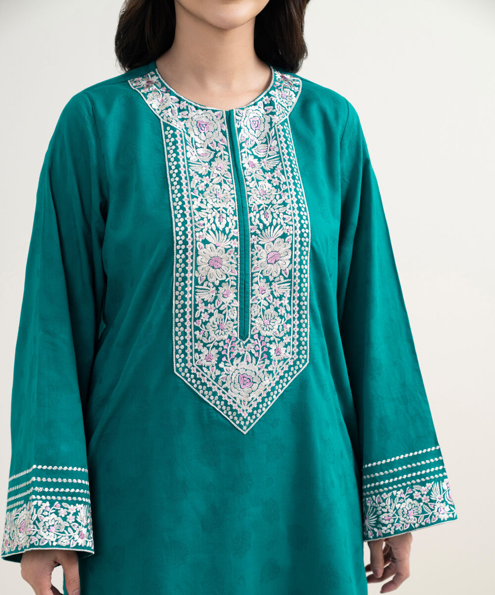 Women's RTW Self Jacquard Embroidered Teal 3 Piece Suit