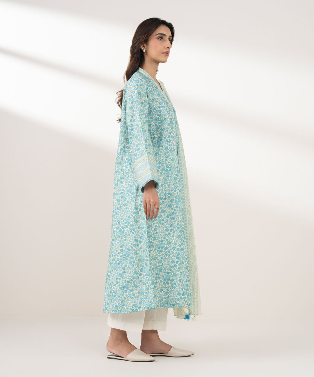 Women's Unstitched Cotton Printed Blue 3 Piece Suit