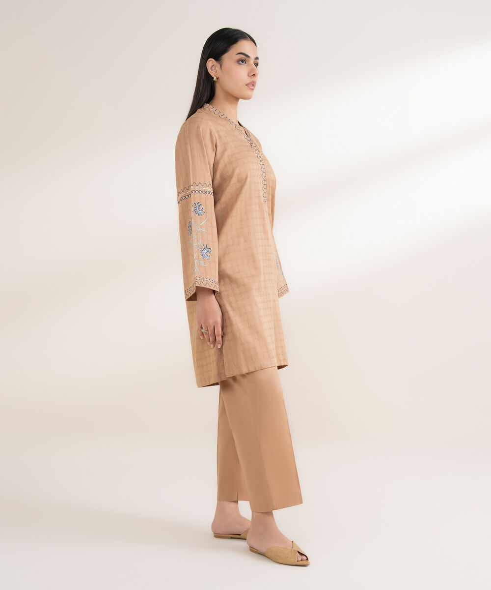 Women's RTW Textured Cotton Embroidered Straight Beige Shirt