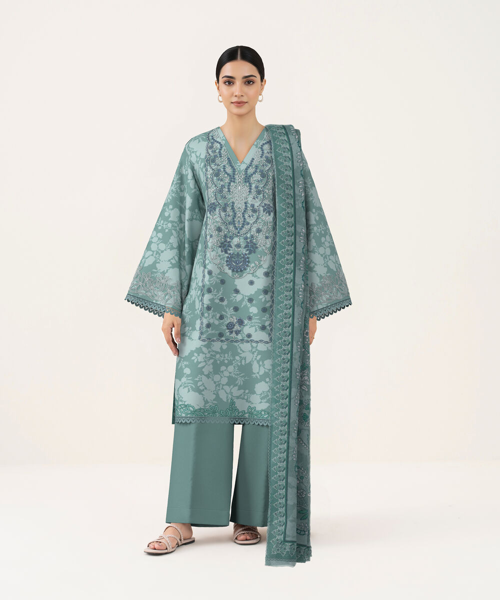 Women's Unstitched Lawn Dusty Teal Embroidered 3 Piece Suit