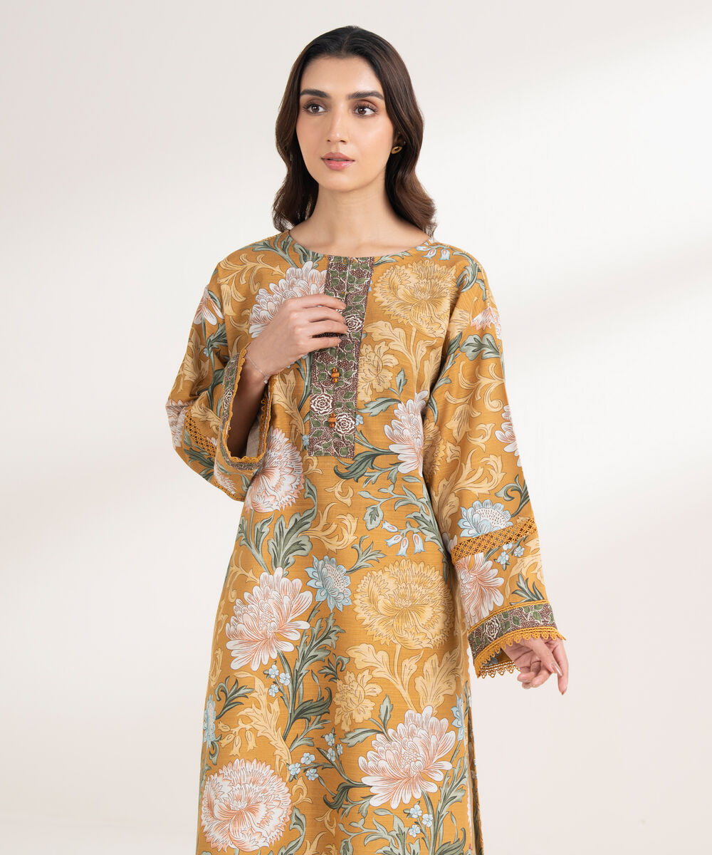Women's RTW Khaddar Printed Boxy Mustard Shirt