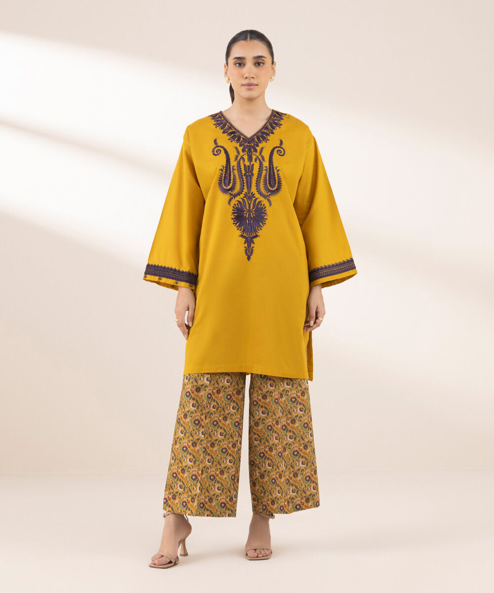 Women's RTW Textured Lawn Yellow Embroidered Boxy Shirt
