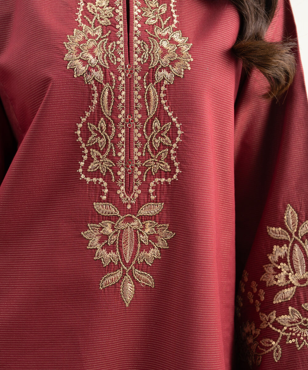 Women's Unstitched Zari Lawn Embroidered Red 3 Piece Suit