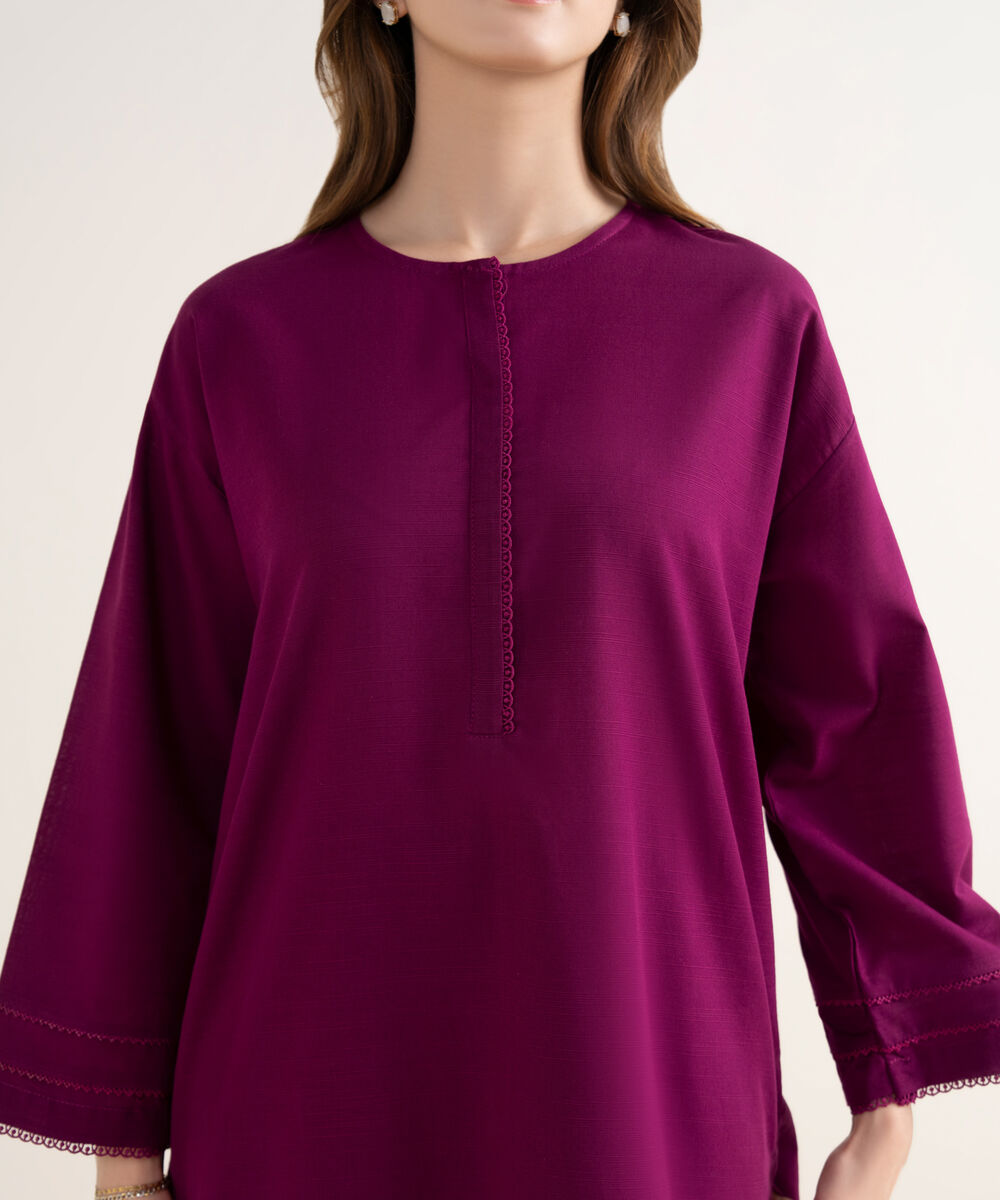 Women's RTW Textured Cotton Solid Drop Shoulder Purple Shirt