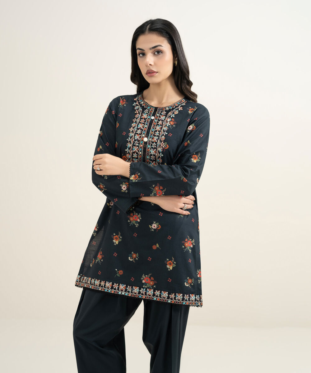 Women's RTW Slub Lawn Embroidered Black Straight Shirt