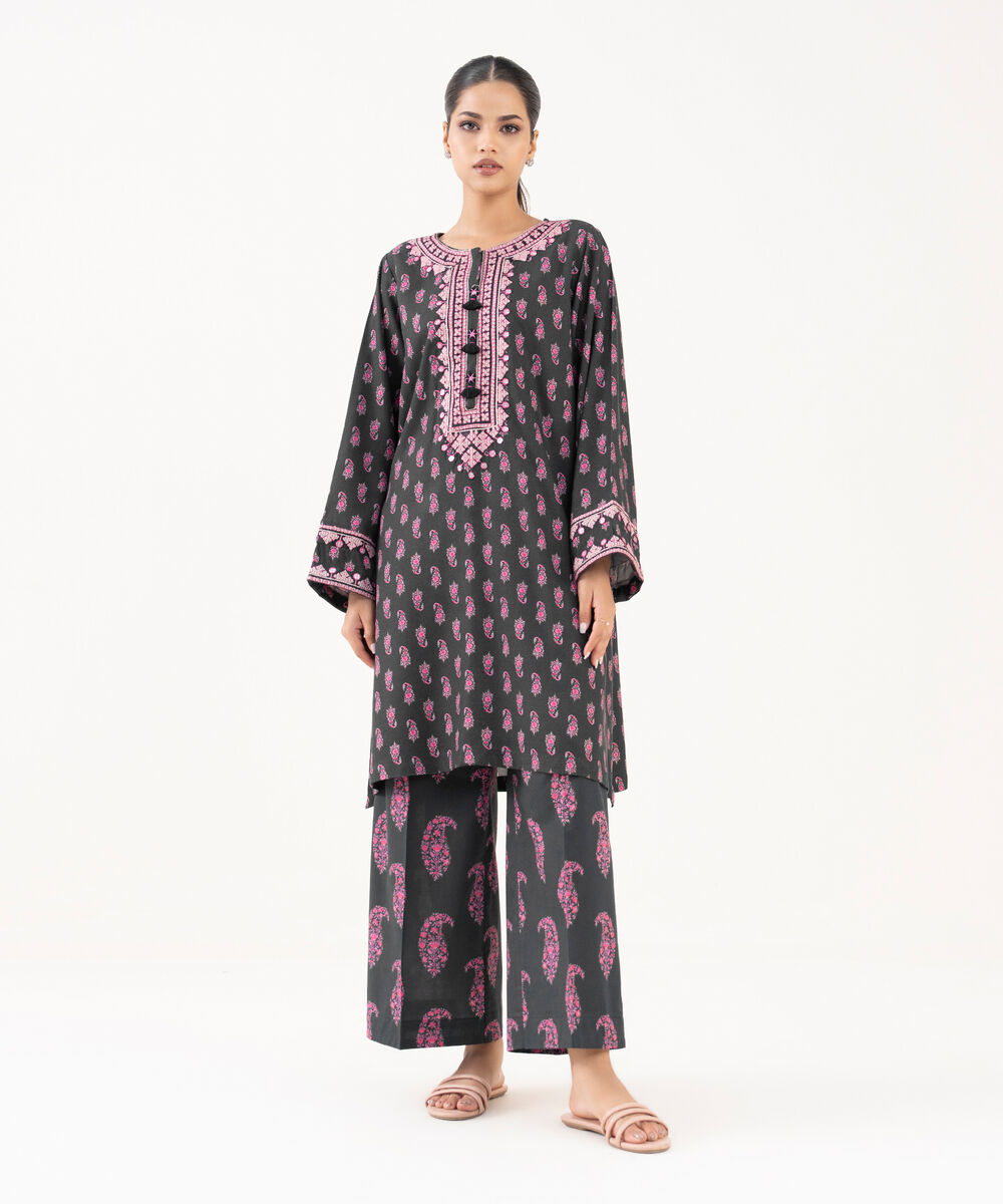 Women's RTW Lawn Viscose Black Embroidered A-Line Shirt