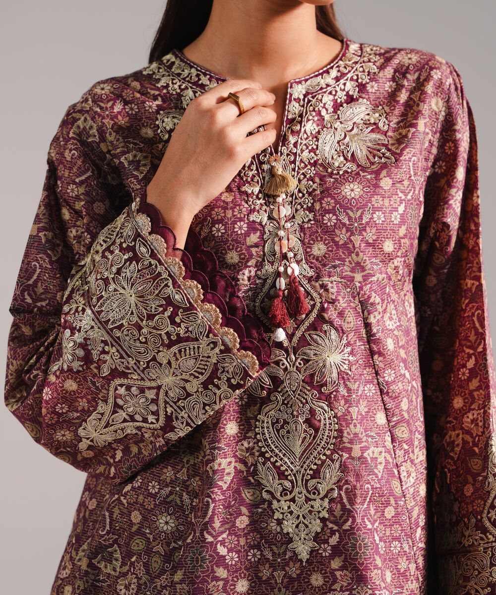 Women's RTW Zari Lawn Embroidered Deep Maroon A-Line Shirt