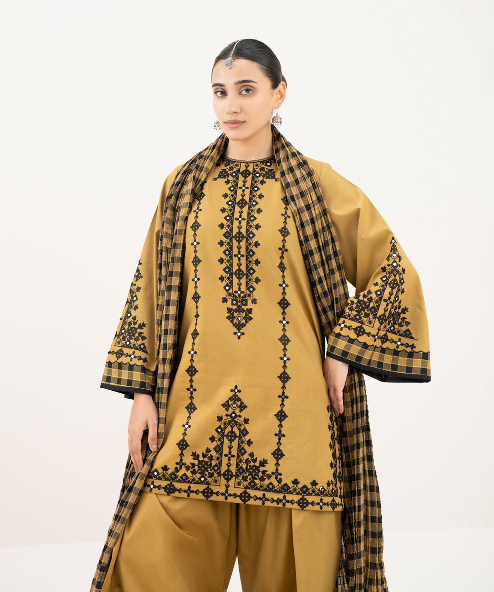 Women's Unstitched Lawn Embroidered Mustard 3 Piece Suit