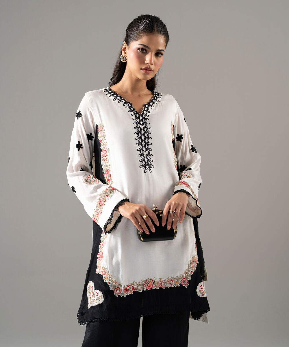 Women's RTW Thai Silk Solid Embroideredroidered Off White 2 Piece Suit