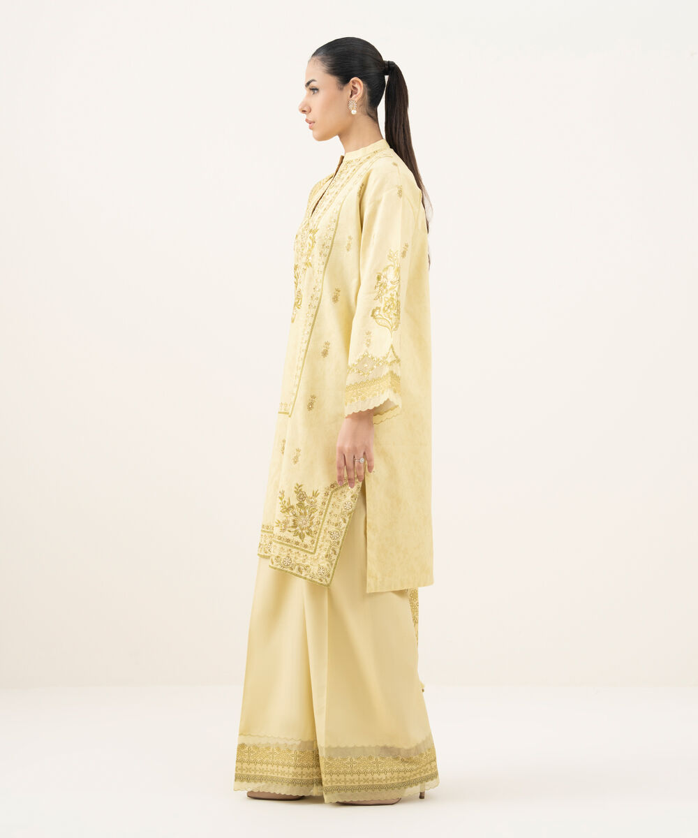 Women's Unstitched Embroidered Cotton Jacquard Lime Yellow 3 Piece Suit