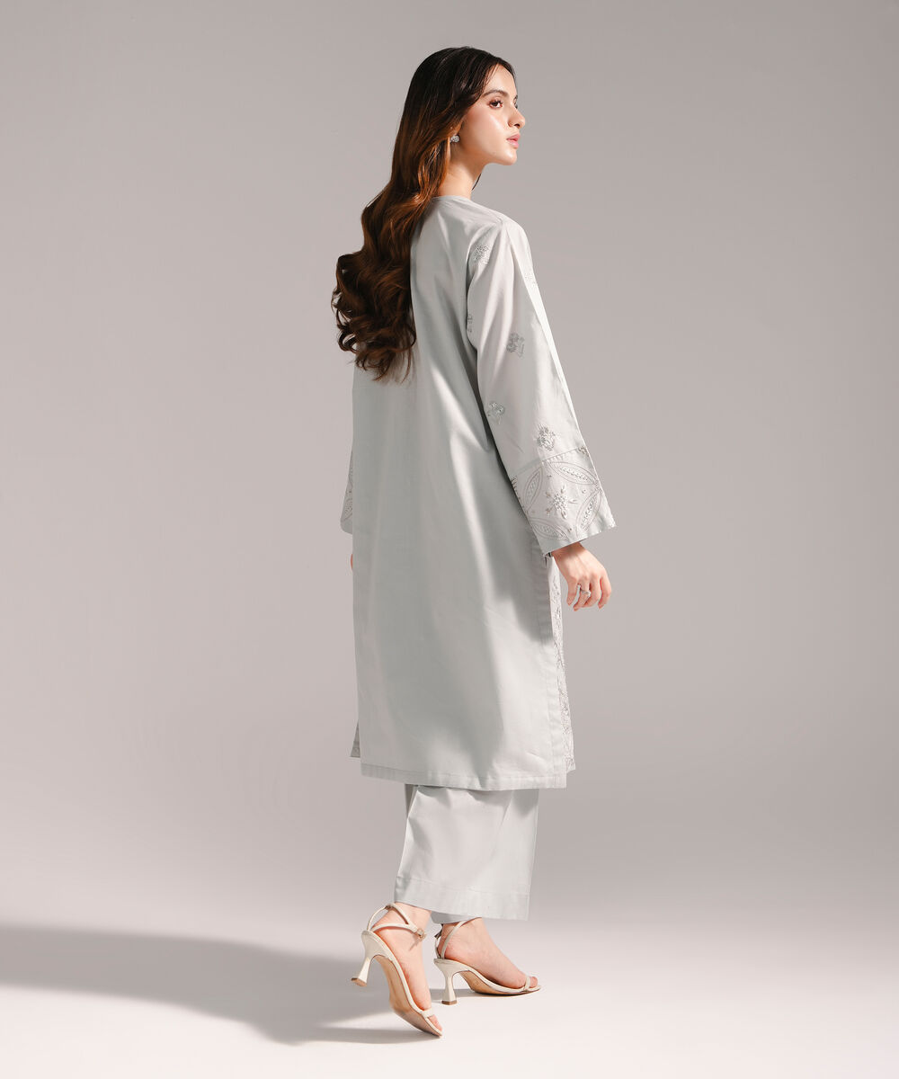 Women's RTW Slub Lawn Embroidered Straight Grey Shirt