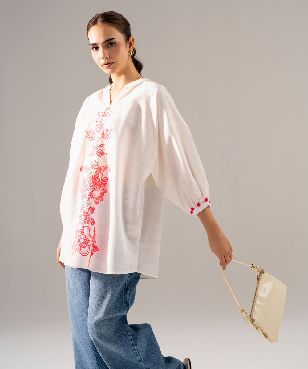 Women's RTW Khaddar Solid Embroidered White Straight Shirt