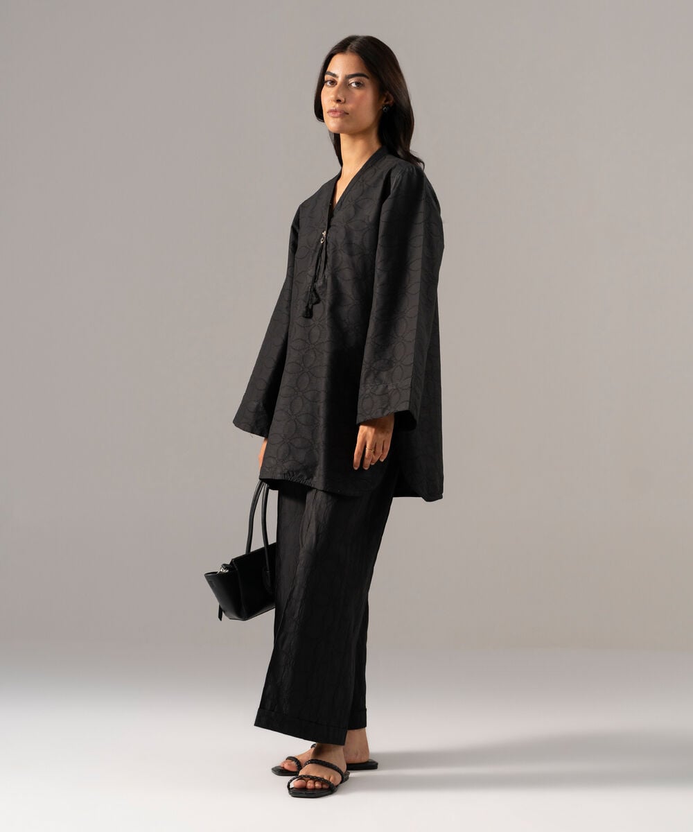 Women's RTW Textured Cotton Solid Black 2 Piece Suit