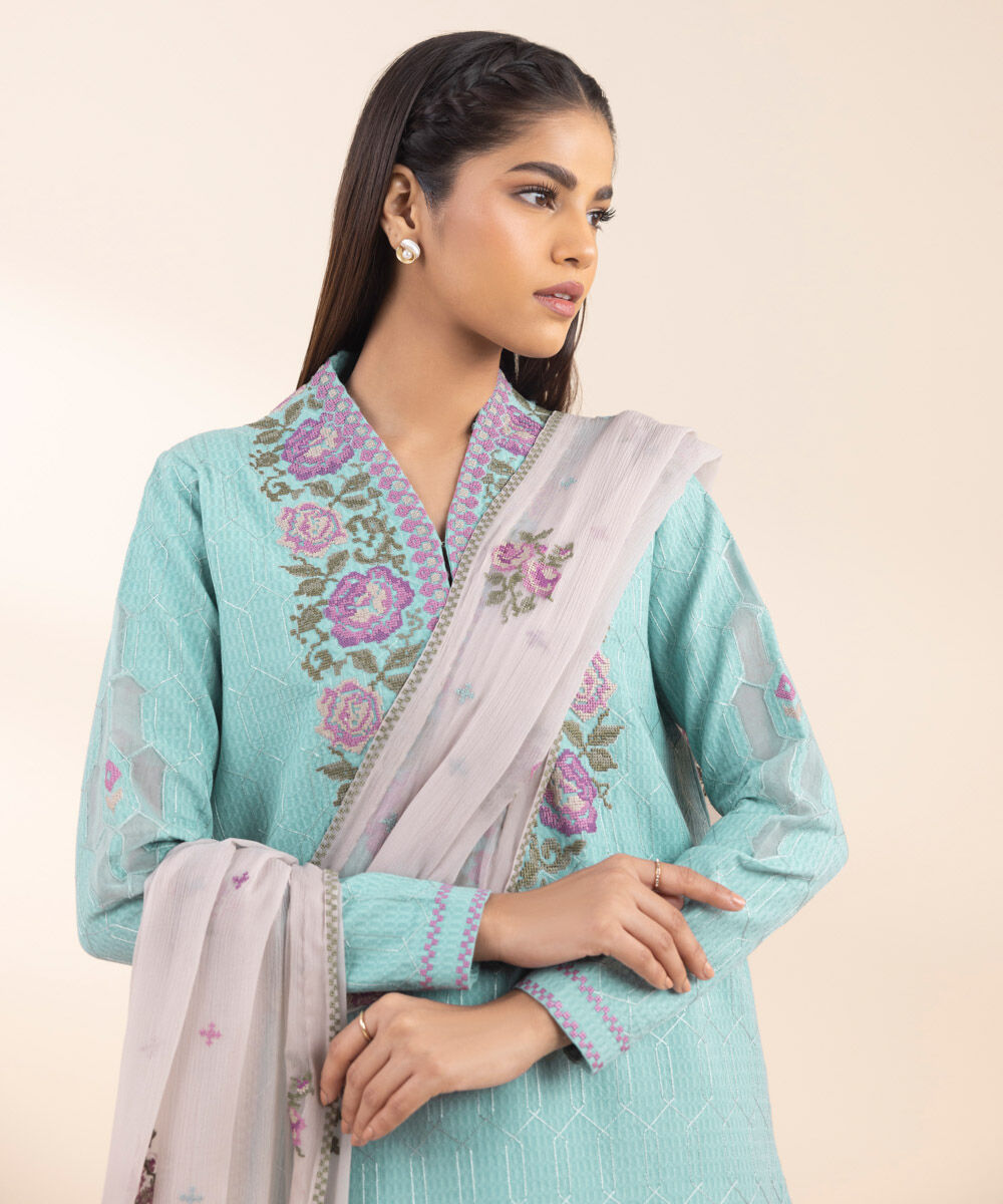 Women's Unstitched Blue Dobby 3 Piece Suit