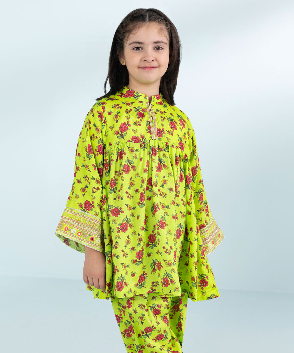 Girls 2 Piece Printed Embroidered Viscose Raw Silk Suit in Green