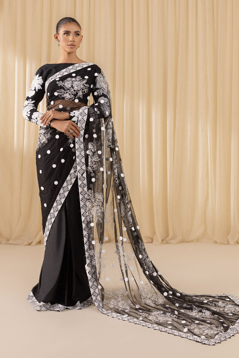 3 Piece -  Embroidered Net Saree