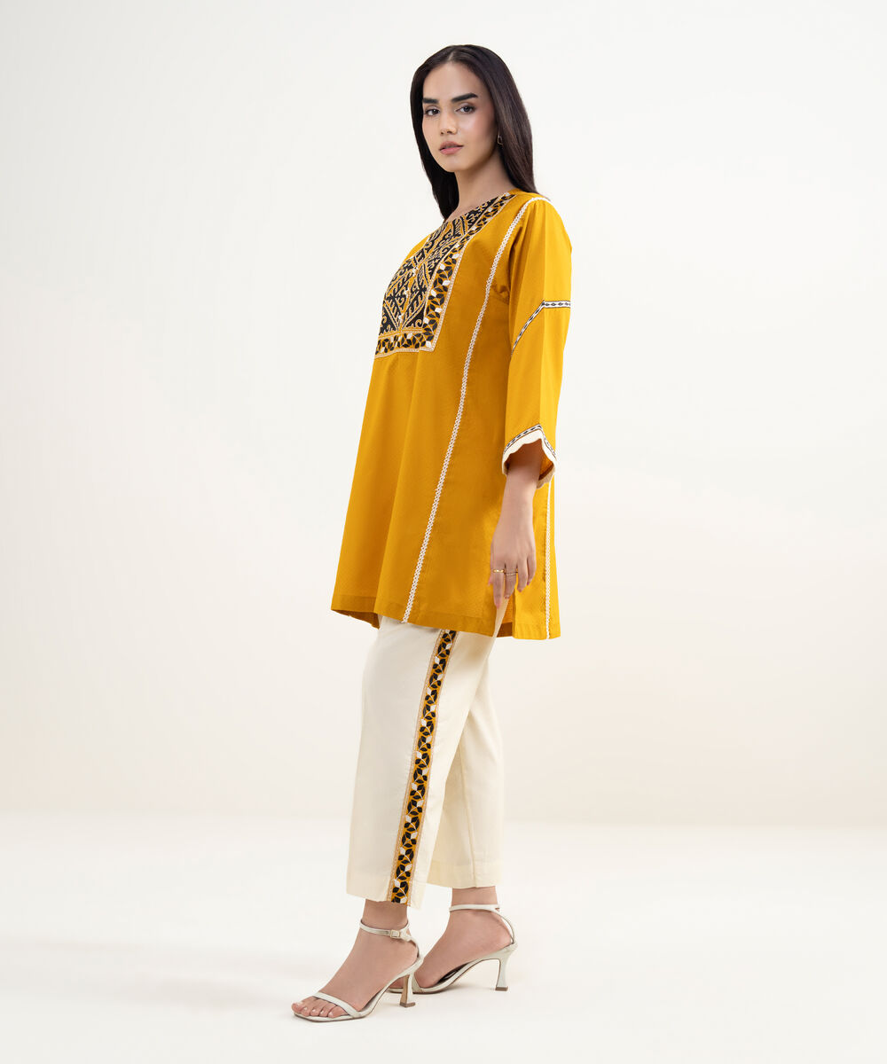 Women's RTW Dobby Embroidered Yellow Boxy Shirt