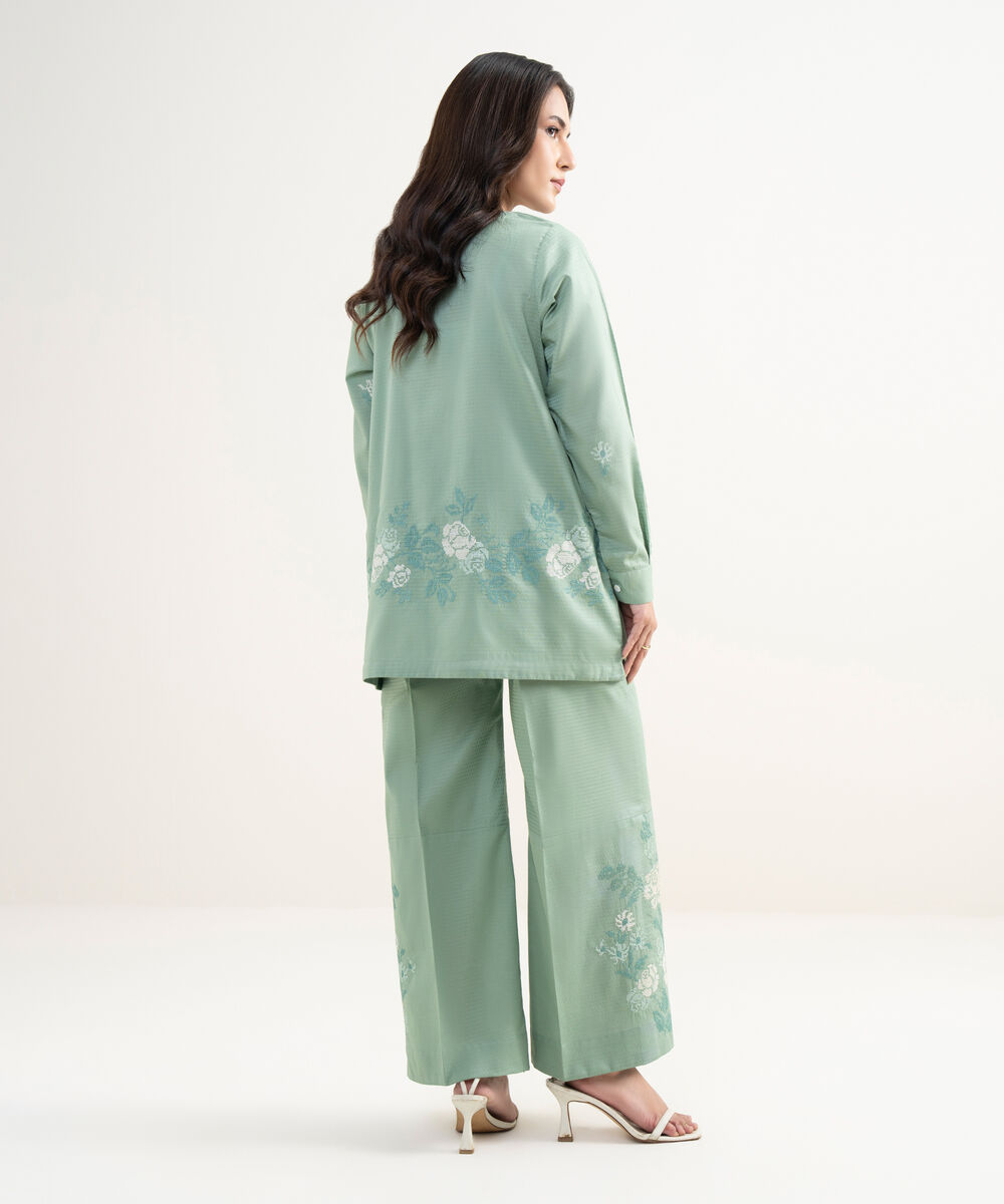 Women's RTW Dobby Embroidered Green Straight Shirt
