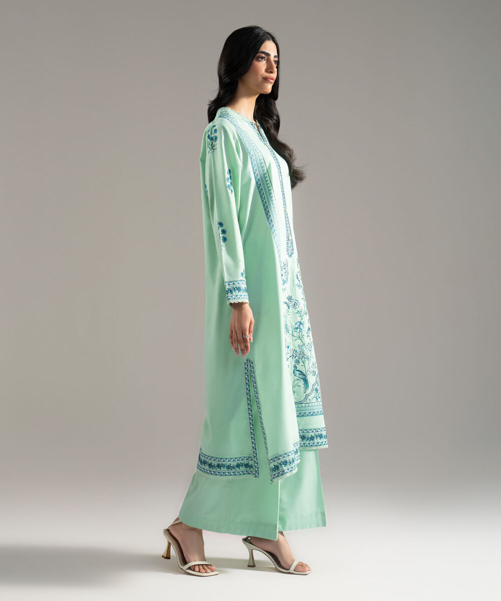 Women's RTW Solid Embroidered Cambric Green A-Line Shirt