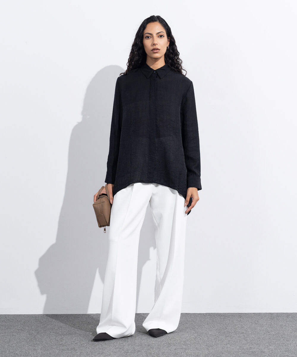 Women's Western Wear Black Loose-Fit Textured Shirt